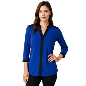 Rendezvous Contrast-Trim Split-Neck Tunic Top, Cobalt/Black, Size Large